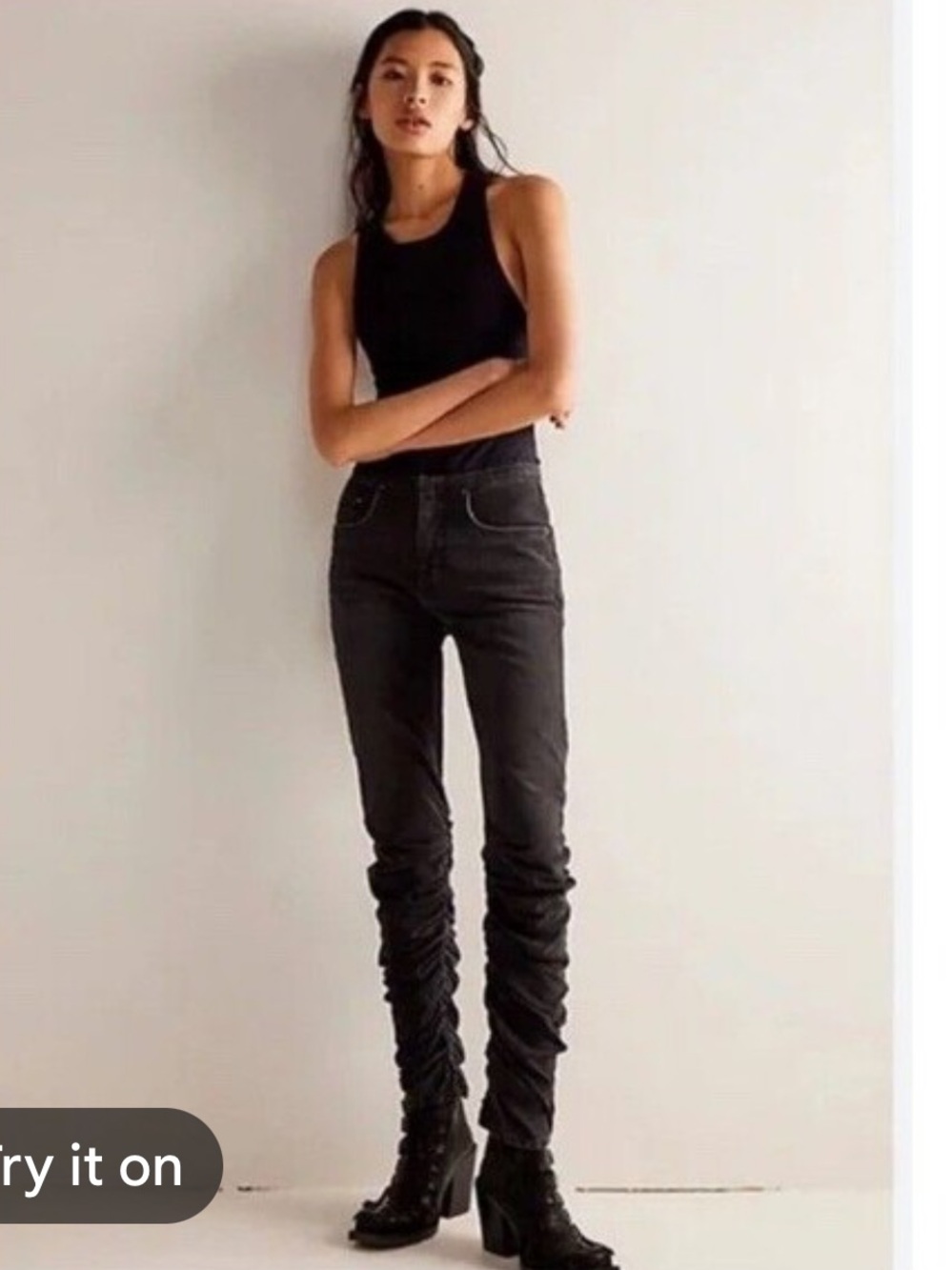 We The Free Dahlia Stacked Low Rise Black Out Scrunched Straight Leg Rocker Jean
